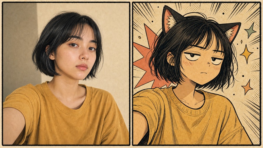Before and after Yani Neko-style tired selfie avatar example