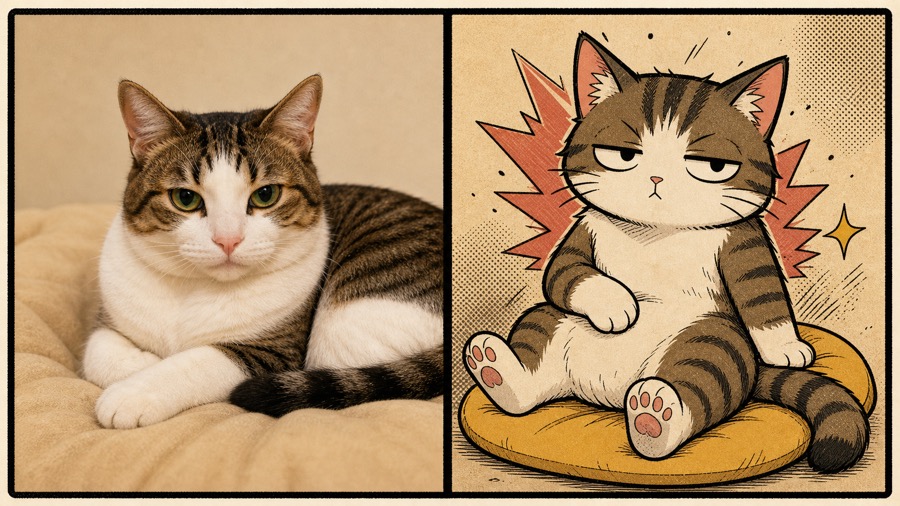 Before and after Yani Neko-style deadpan pet character example