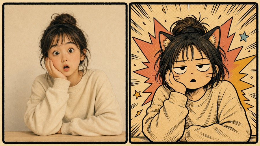 Before and after Yani Neko-style tired reaction image example